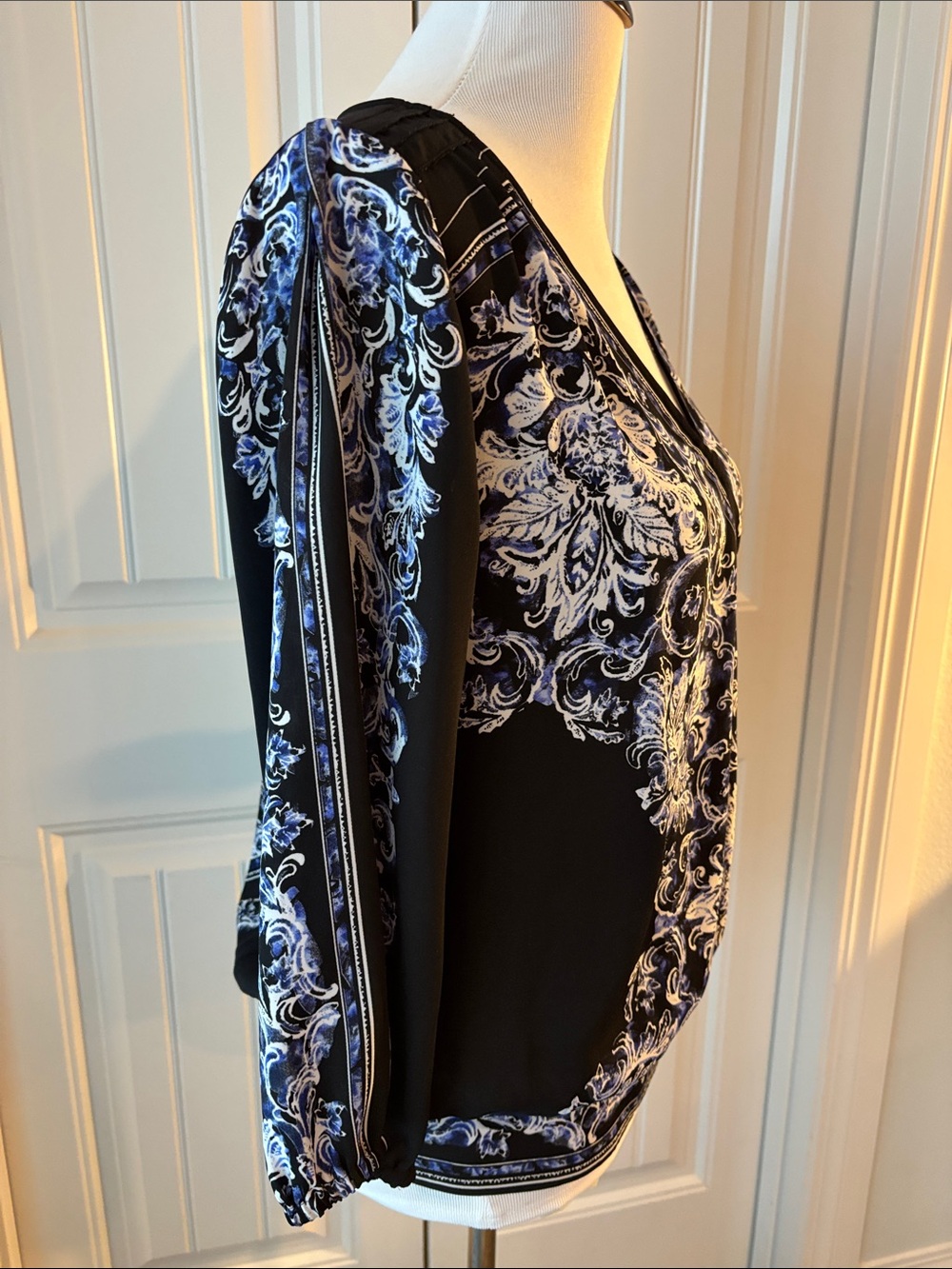 White House Black Market Black Wrap Blouse with Blue and White Scroll Print - Picture 4 of 7